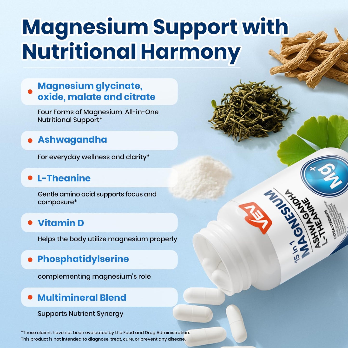 VEV DeepCalm 15 in 1 Magnesium Glycinate & Citrate Complex Capsules – Easy-to-Take Formula with Ashwagandha & L-Theanine – Magnesium Complex for Women – 120 Vegan Capsules