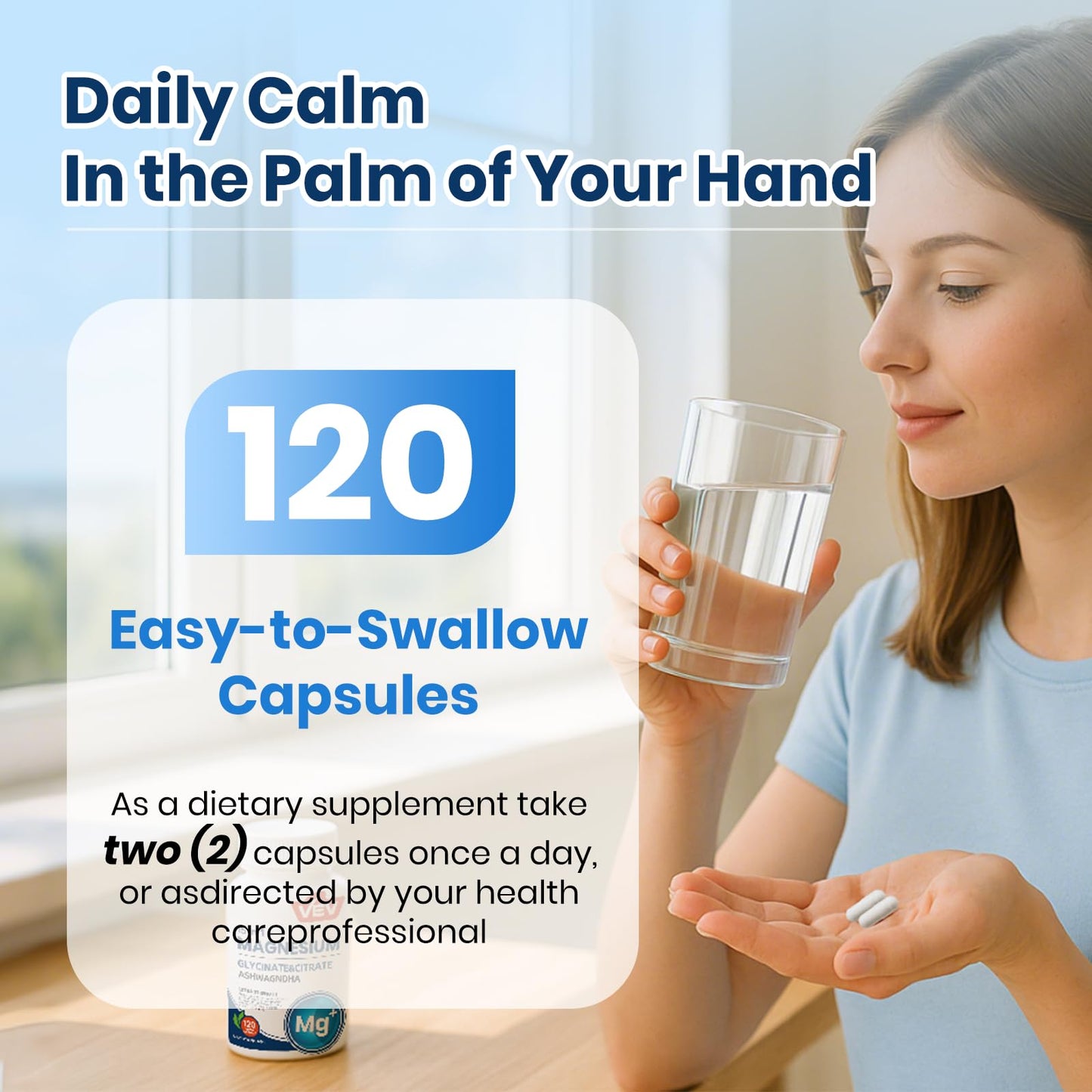 VEV DeepCalm 15 in 1 Magnesium Glycinate & Citrate Complex Capsules – Easy-to-Take Formula with Ashwagandha & L-Theanine – Magnesium Complex for Women – 120 Vegan Capsules