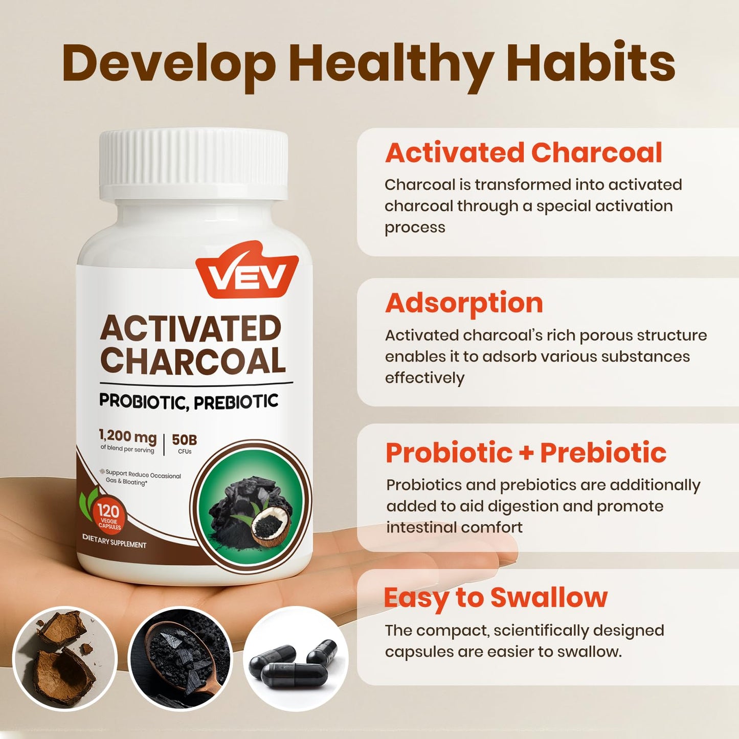 VEV Activated Charcoal with Organic Coconut Shell Charcoal & 50 Billion Probiotics – 120 Vegan Capsules for Digestive Wellness & Dietary Support