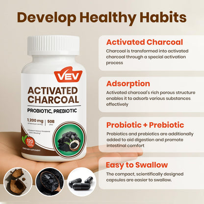 VEV Activated Charcoal with Organic Coconut Shell Charcoal & 50 Billion Probiotics – 120 Vegan Capsules for Digestive Wellness & Dietary Support
