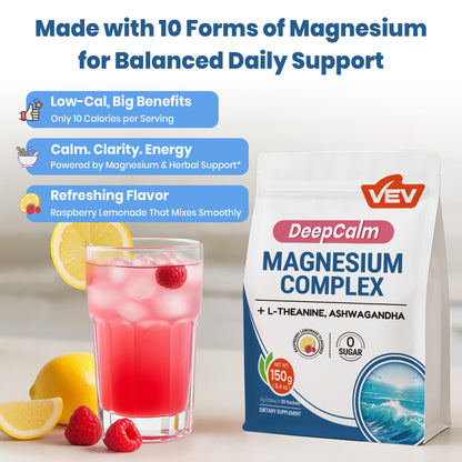 VEV Magnesium Complex for Women – DeepCalm Drink Powder (Raspberry Lemonade) 30 Ct