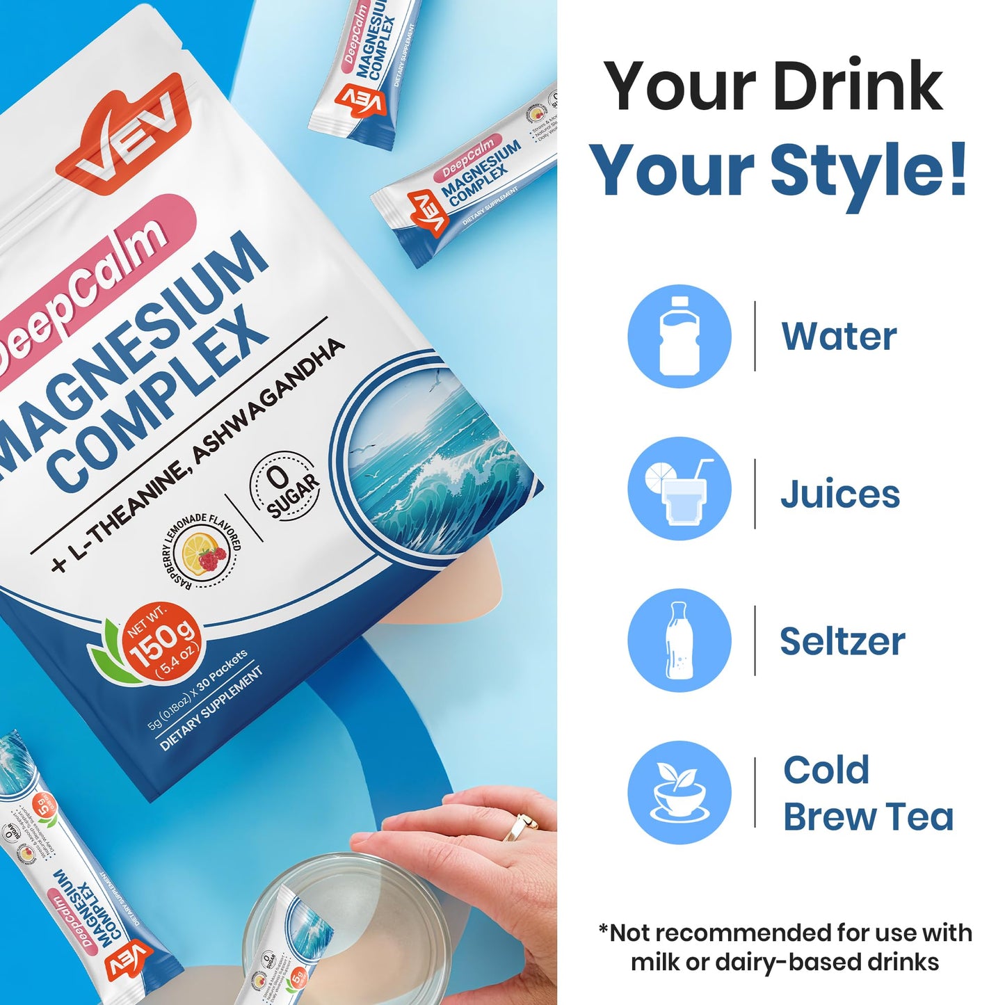VEV Magnesium Complex for Women – DeepCalm Drink Powder (Raspberry Lemonade) 30 Ct
