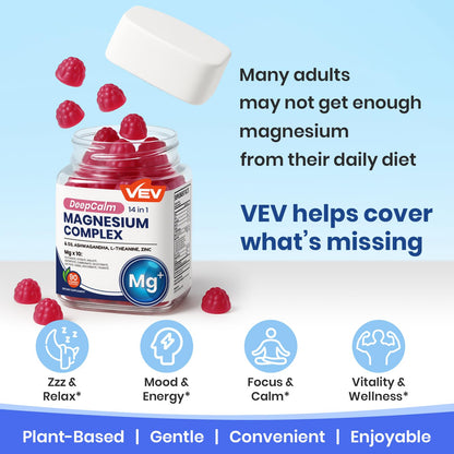 VEV Magnesium Complex DeepCalm 14-in-1 Gummies – Vegan Glycinate with Ashwagandha, L-Theanine, Vitamin D3 & Zinc | 90 Gummies