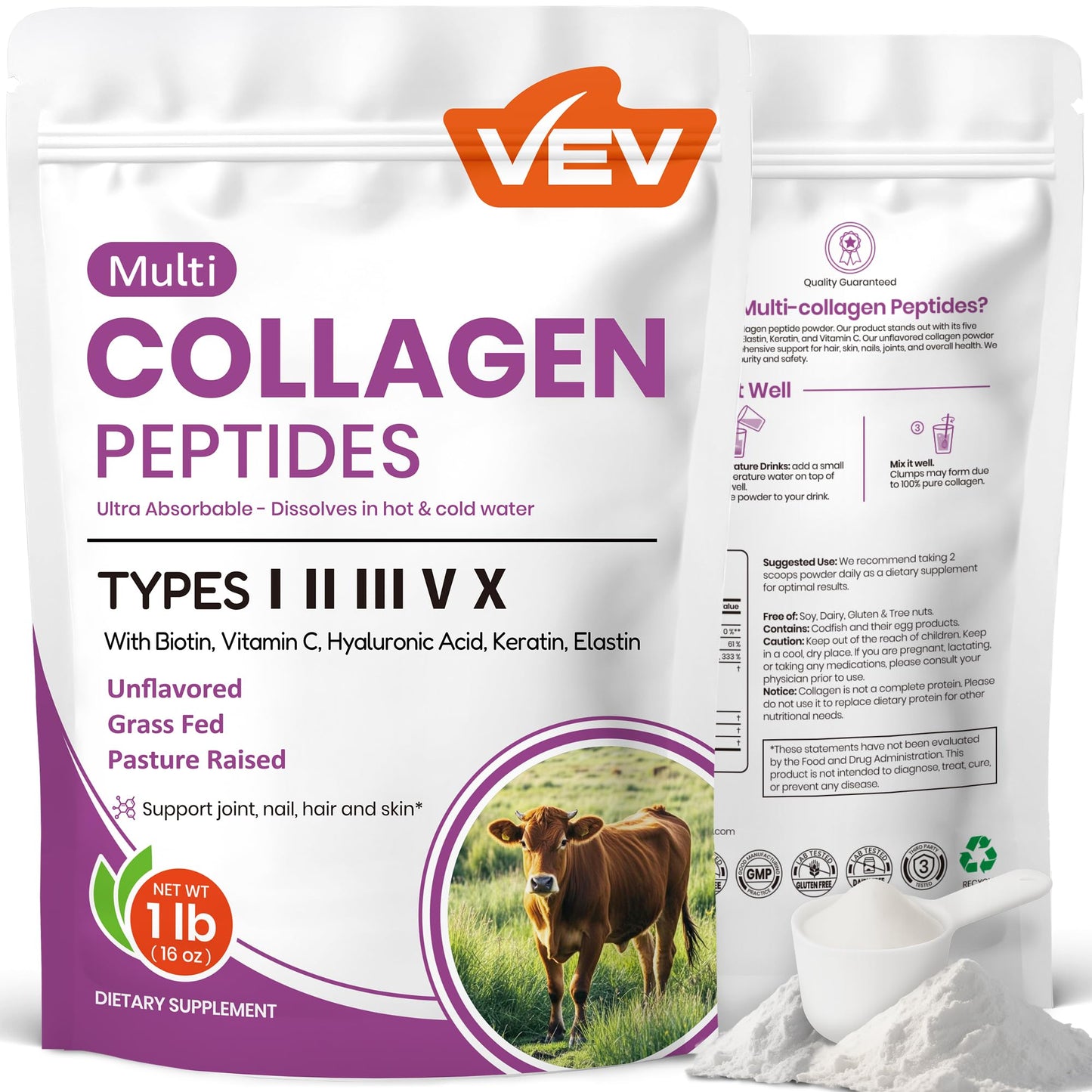 VEV Multi Collagen Peptides Powder 16 oz (41 Servings) – Hydrolyzed Collagen Types I, II, III, V, X with Hyaluronic Acid, Biotin & Vitamin C | Unflavored