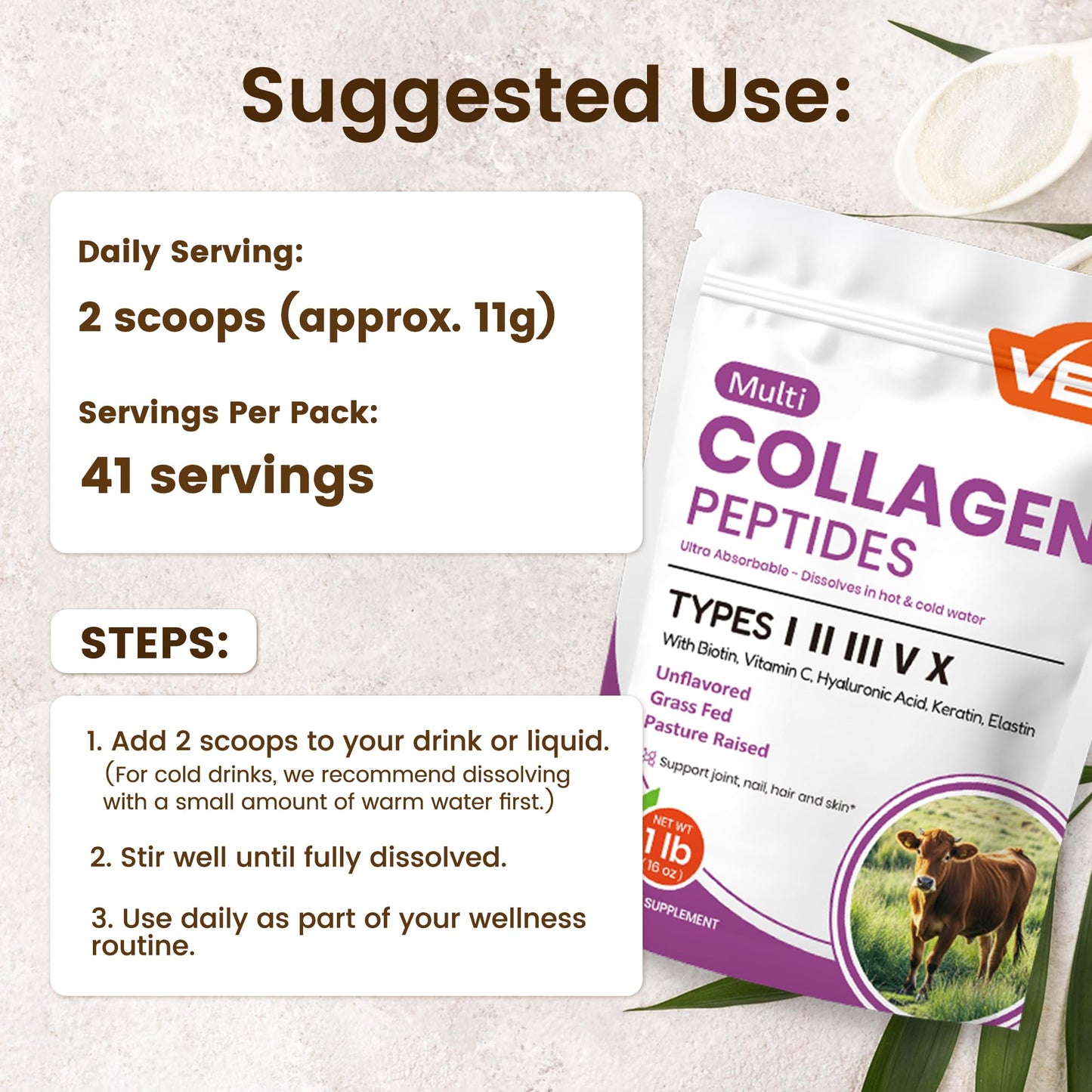 VEV Multi Collagen Peptides Powder 16 oz (41 Servings) – Hydrolyzed Collagen Types I, II, III, V, X with Hyaluronic Acid, Biotin & Vitamin C | Unflavored