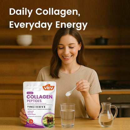 VEV Multi Collagen Peptides Powder 16 oz (41 Servings) – Hydrolyzed Collagen Types I, II, III, V, X with Hyaluronic Acid, Biotin & Vitamin C | Unflavored