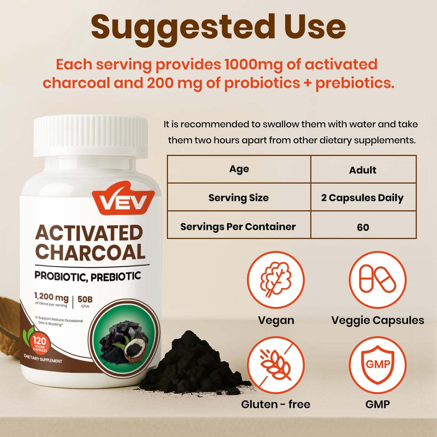 VEV Activated Charcoal with Organic Coconut Shell Charcoal & 50 Billion Probiotics – 120 Vegan Capsules for Digestive Wellness & Dietary Support