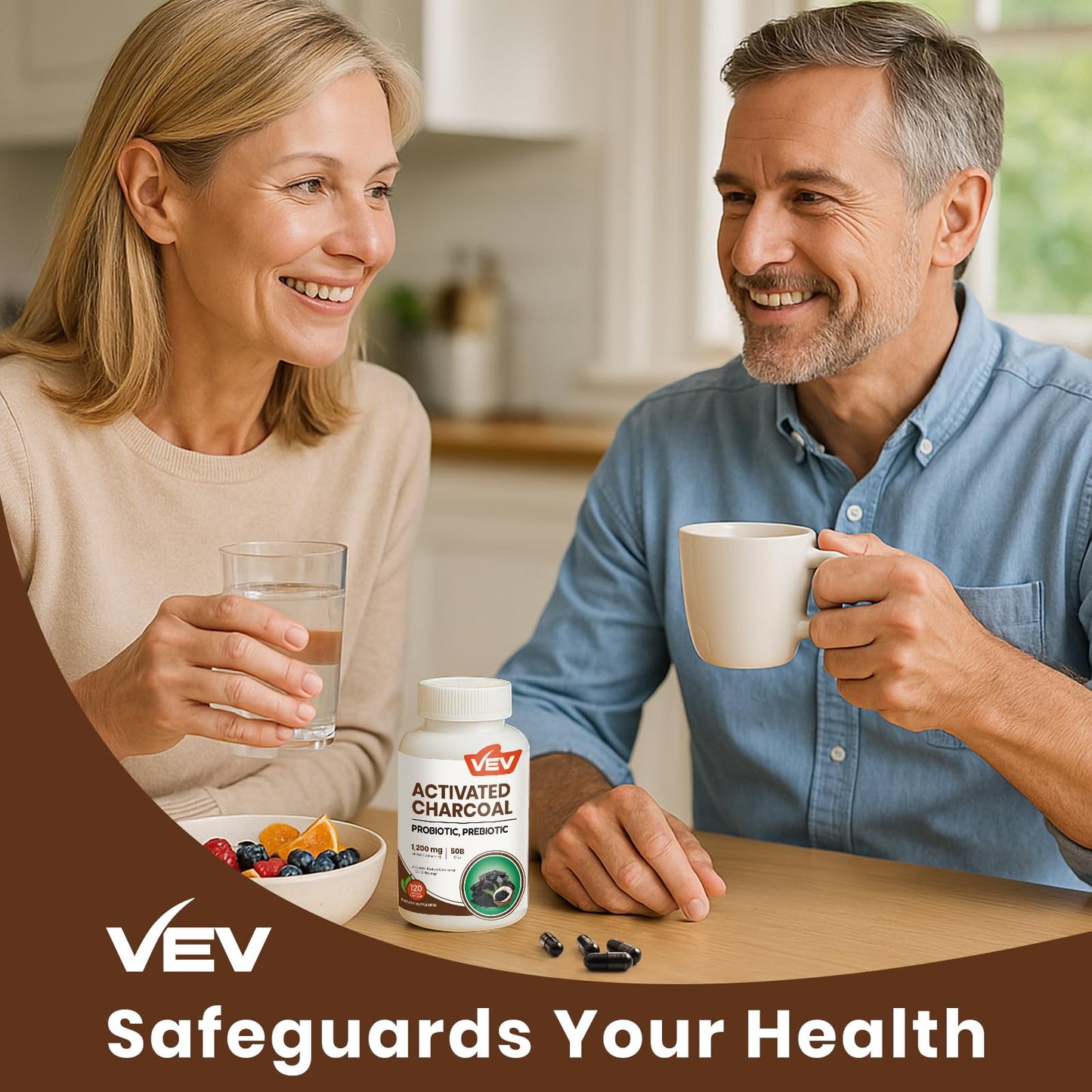 VEV Activated Charcoal with Organic Coconut Shell Charcoal & 50 Billion Probiotics – 120 Vegan Capsules for Digestive Wellness & Dietary Support