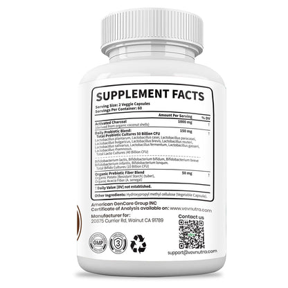 VEV Activated Charcoal with Organic Coconut Shell Charcoal & 50 Billion Probiotics – 120 Vegan Capsules for Digestive Wellness & Dietary Support