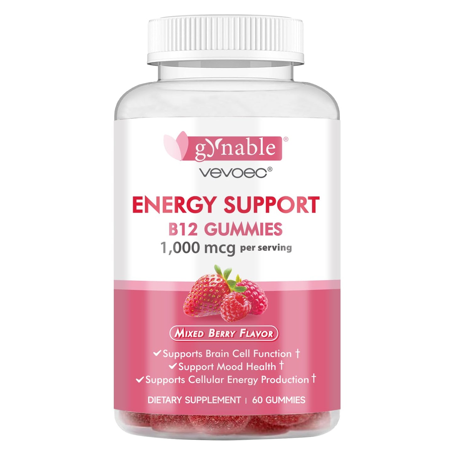 Vevoec Vitamin B12 Gummies – 1000mcg, Mixed Berry, Vegan & Gluten-Free | 60 Count