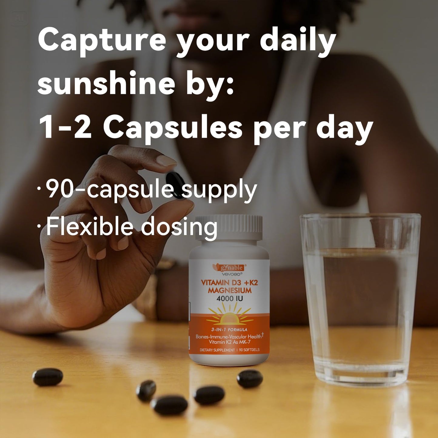 Vevoec Vitamin D3 K2 4000IU with Magnesium Complex – 90 Softgels | Immune Support & Bone Health