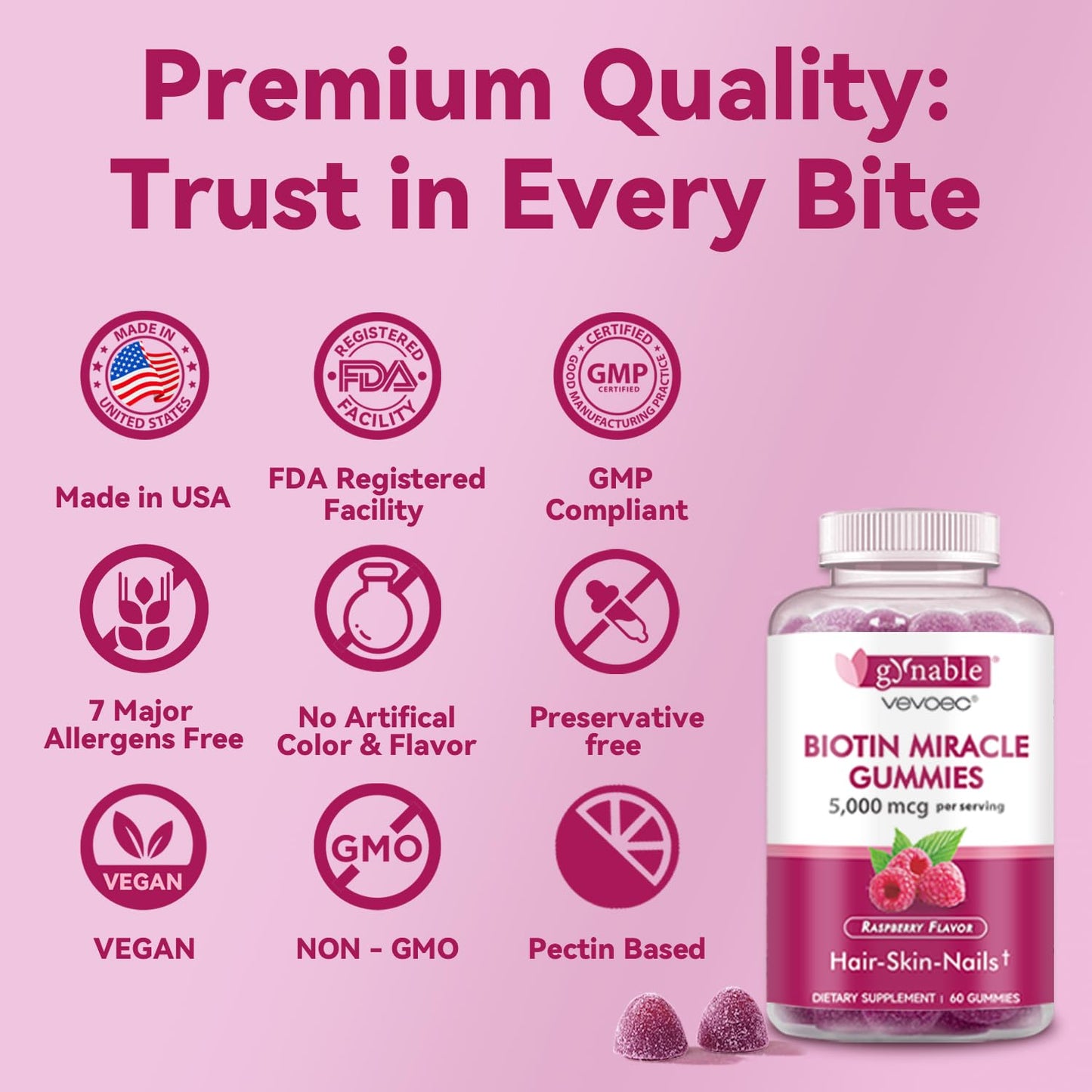 Vevoec Gynable Biotin Gummies 5000 mcg – Hair Skin Nails (60 Count)