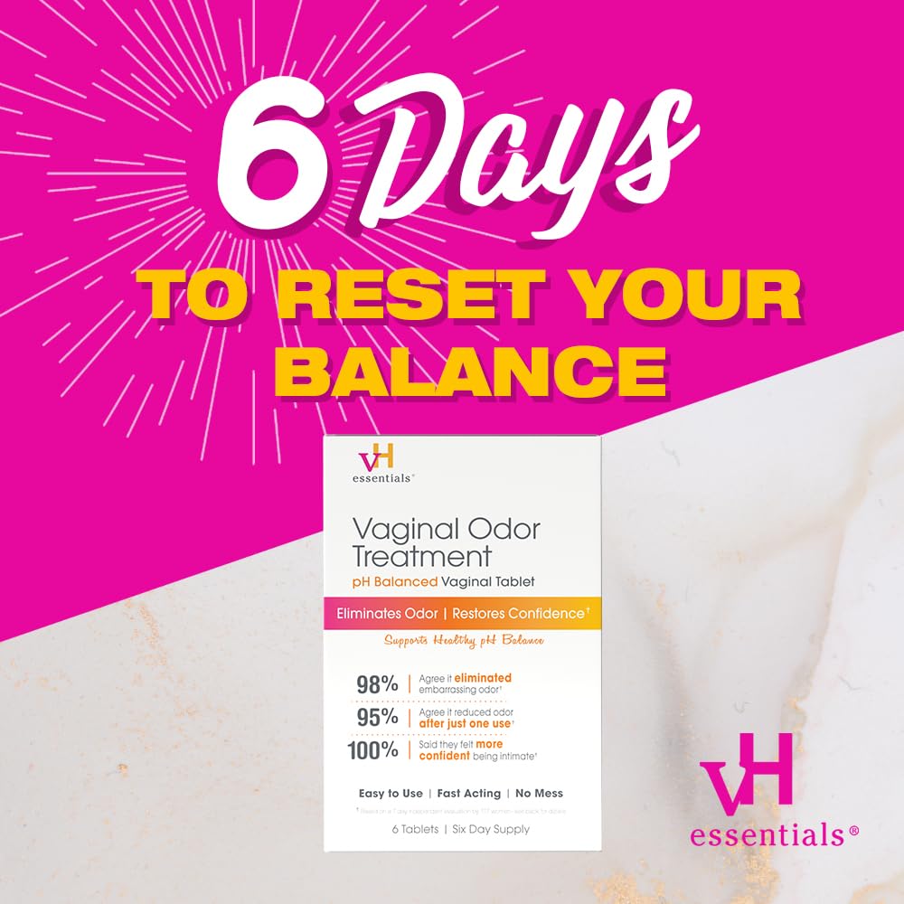 vH essentials Vaginal Odor Treatment – pH Balanced Suppositories with Applicator (6 Tablets)
