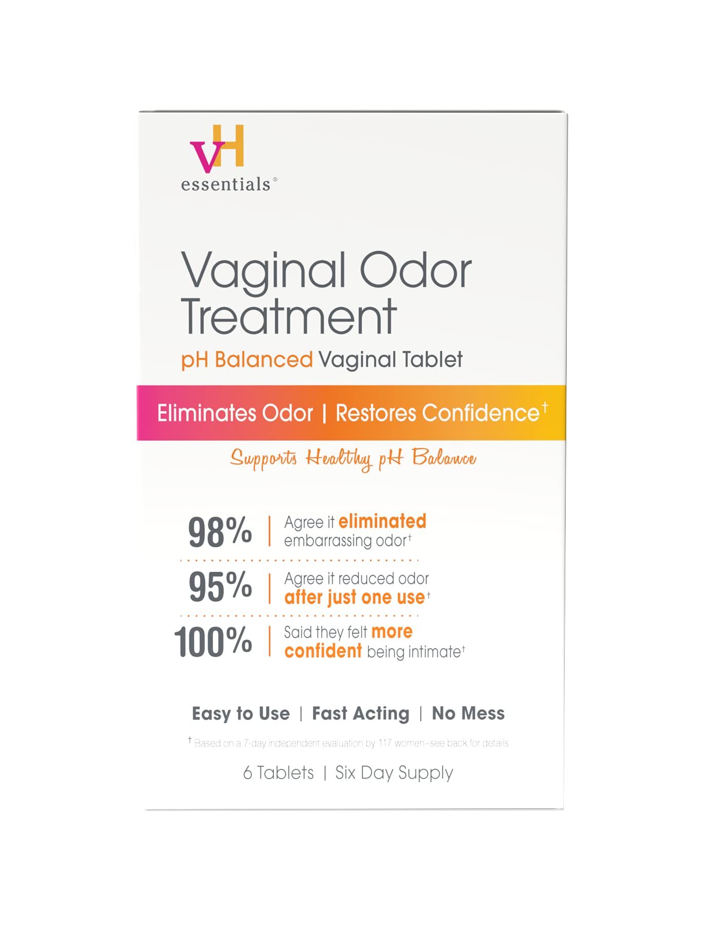 vH essentials Vaginal Odor Treatment – pH Balanced Suppositories with Applicator (6 Tablets)