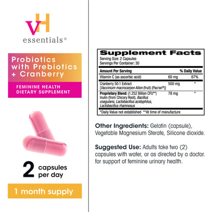 vH Essentials Probiotics for Women – Prebiotics, Cranberry & Vitamin C | 60 Capsules