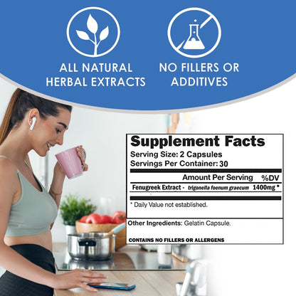 VH Nutrition Fenugreek+ | 1400mg Extra Strength Fenugreek Capsules | Hormonal Balance and Energy Support Supplement for Men & Women | 60 Gluten-Free Capsules