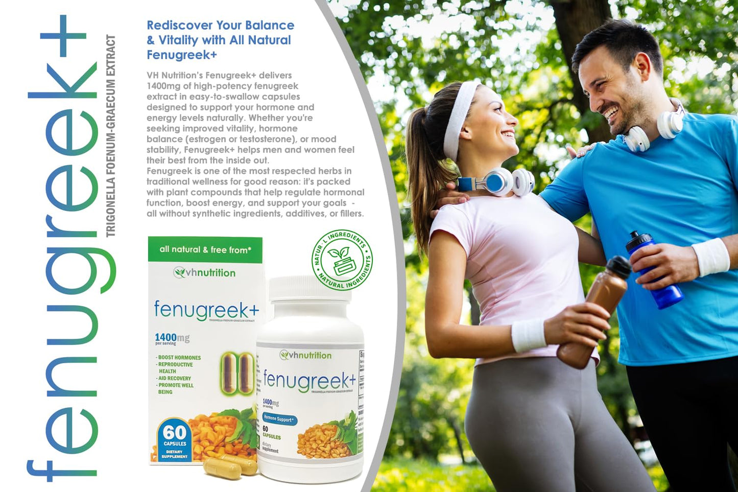 VH Nutrition Fenugreek+ | 1400mg Extra Strength Fenugreek Capsules | Hormonal Balance and Energy Support Supplement for Men & Women | 60 Gluten-Free Capsules