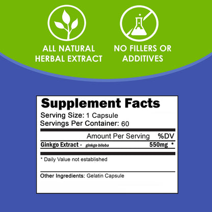 VH Nutrition Ginkgo Biloba 550mg – Cognitive Support | 60 Capsules (Pack of 2)