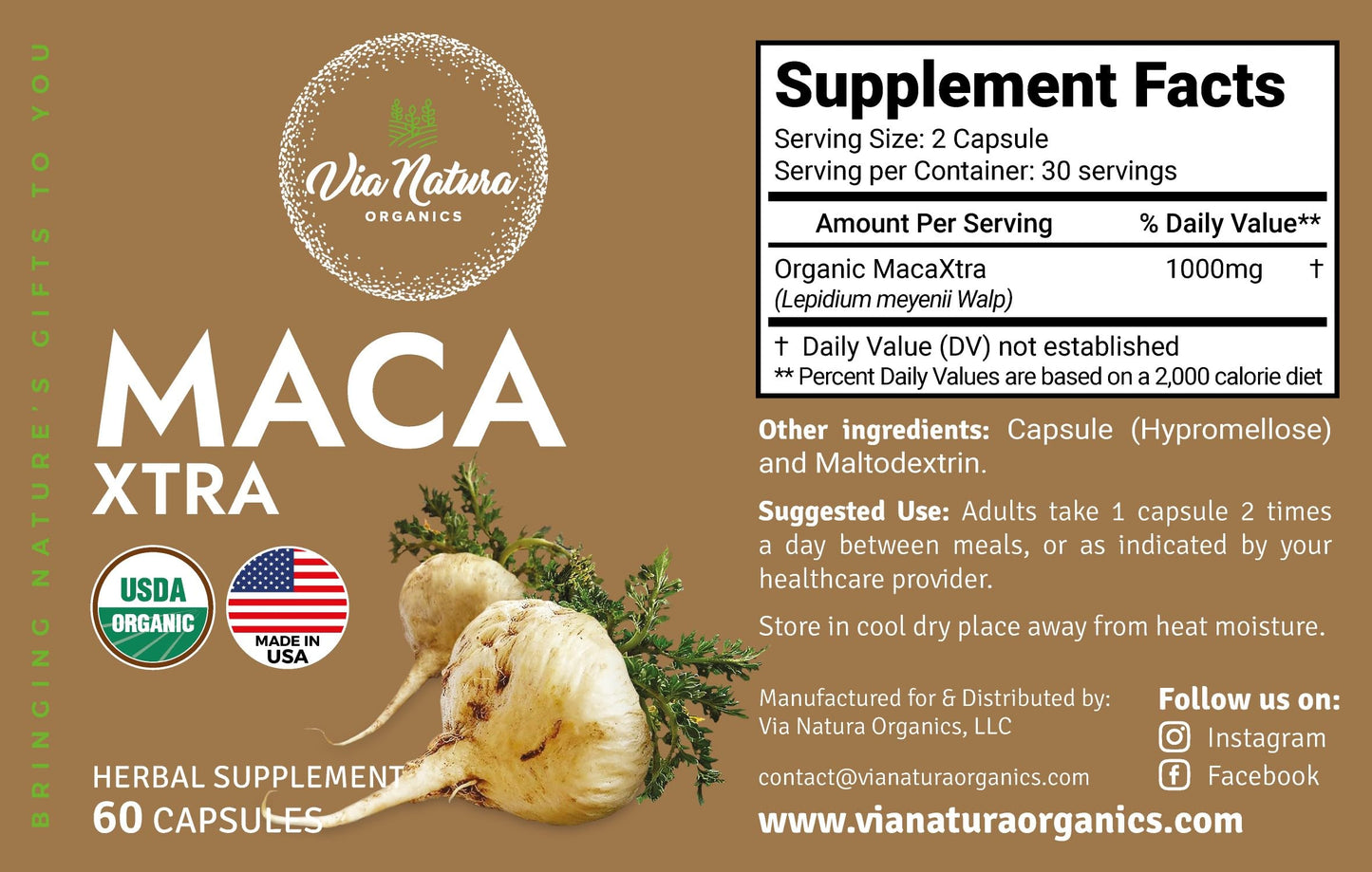 Via Natura Organics Maca Xtra Capsules 1000mg | Organic Herbal Supplement | Natural Source of Amino Acids Iron & Magnesium | 60 Capsules