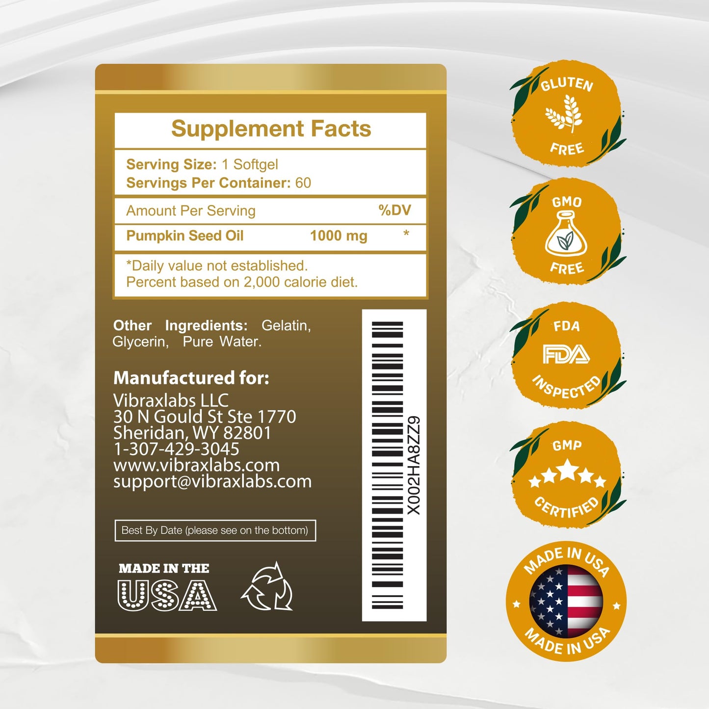 Vibraxlabs Pumpkin Seed Oil - 1000mg Cold Pressed Softgels | Hair Growth, Youthful Skin & Bladder Support | 60 Softgels