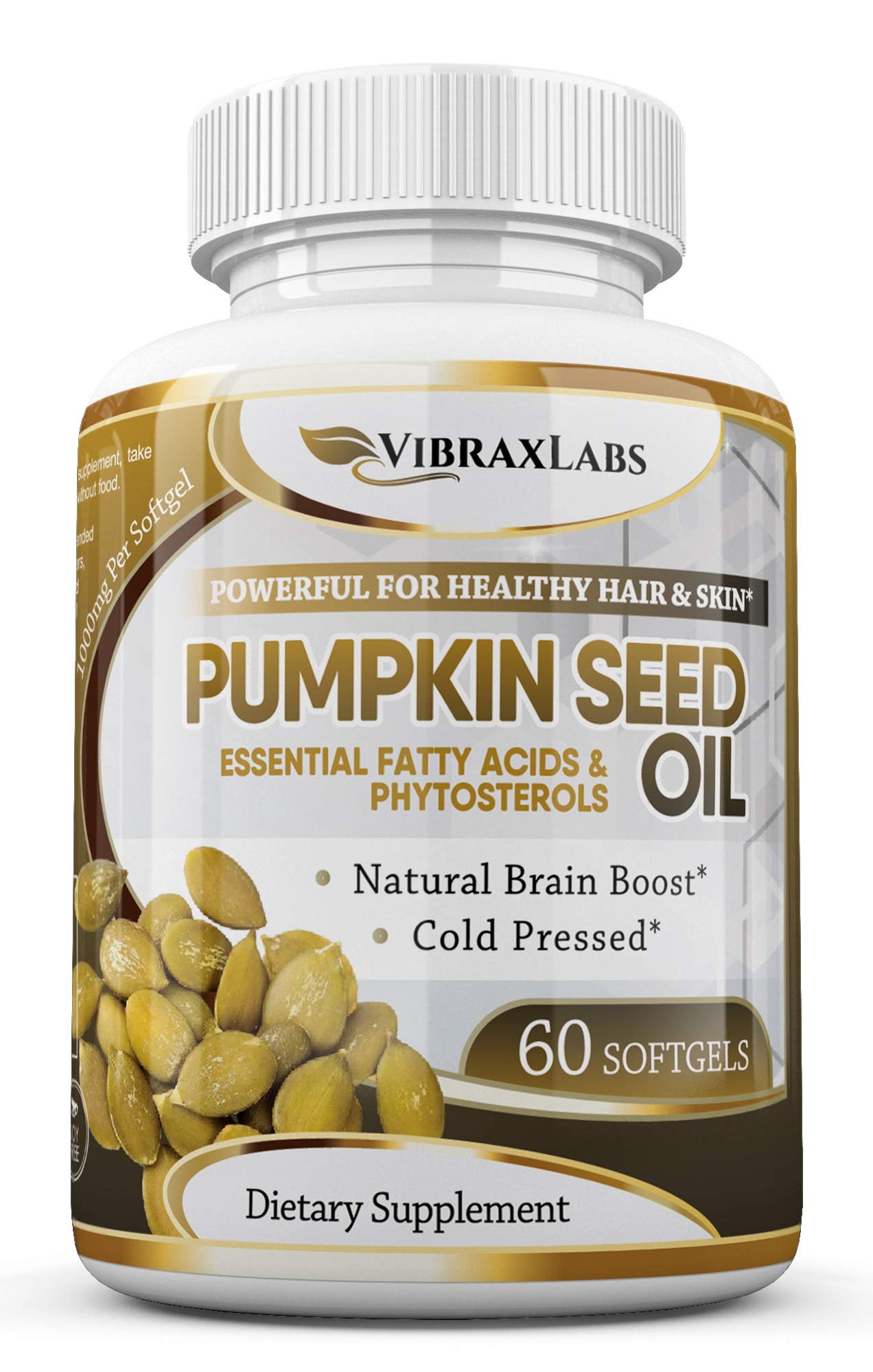 Vibraxlabs Pumpkin Seed Oil - 1000mg Cold Pressed Softgels | Hair Growth, Youthful Skin & Bladder Support | 60 Softgels