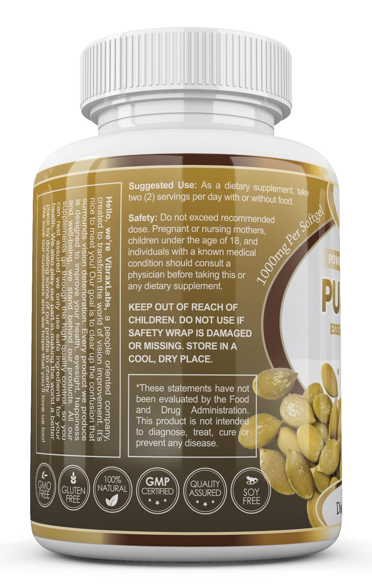 Vibraxlabs Pumpkin Seed Oil - 1000mg Cold Pressed Softgels | Hair Growth, Youthful Skin & Bladder Support | 60 Softgels