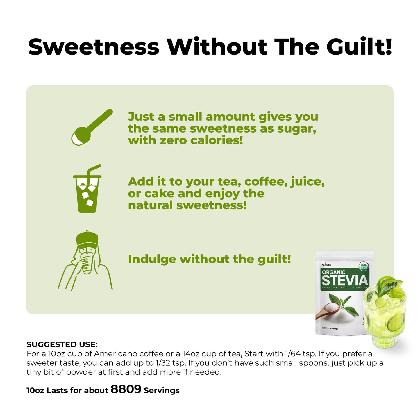 Viccoky Organic Stevia Extract Powder 13oz (370g) | Pure | Sugar-Free | 0 Calories | No Additives | Dissolves Easily | Super Sweet Sugar Substitute | Natural Sweetener