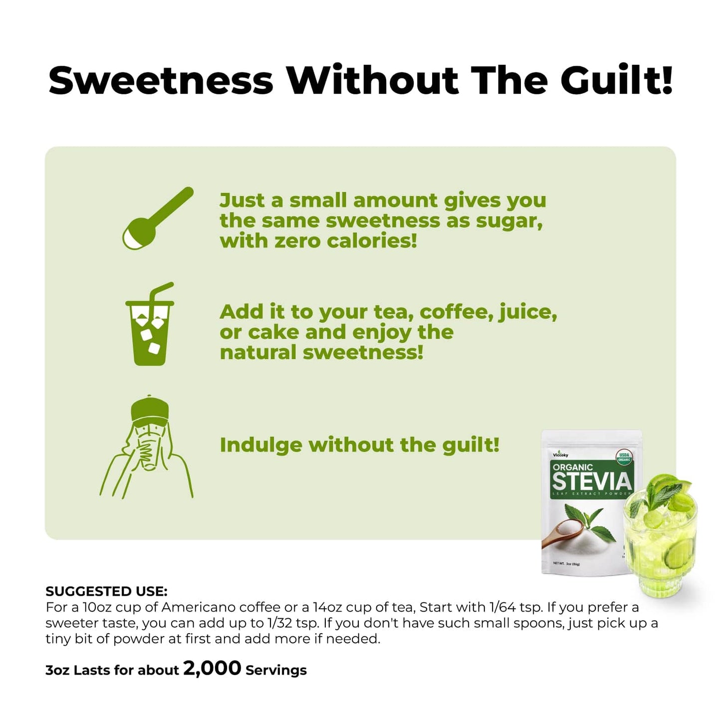 Viccoky Organic Stevia Powder 3oz (86g) – Sugar-Free, 0 Calories, No Additives