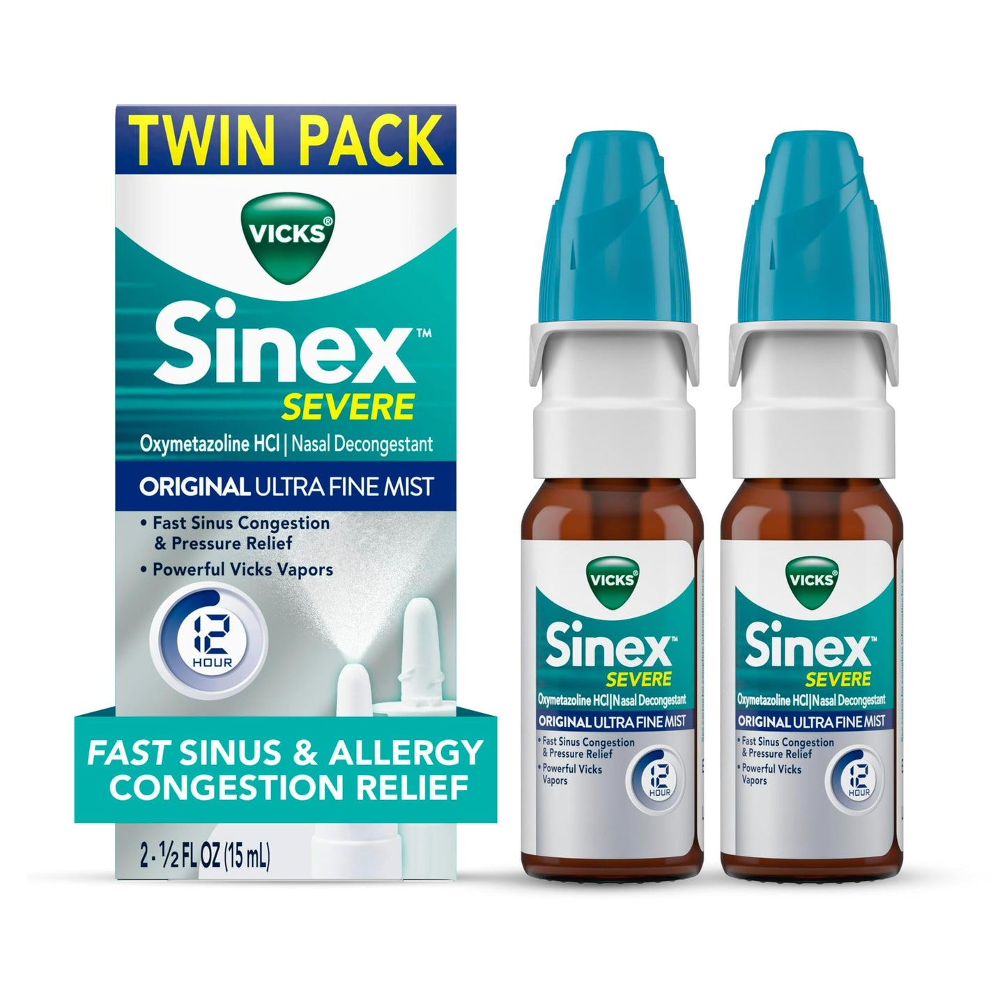 Vicks Sinex Severe Allergy & Sinus Nasal Spray – Ultra Fine Mist, 12-Hour Relief (265 Sprays x 2)