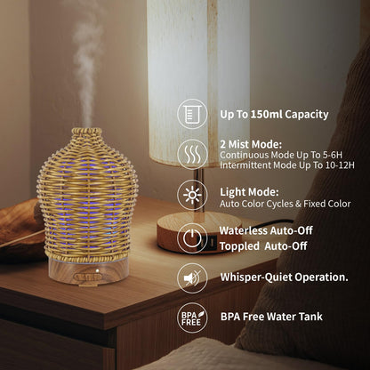 VICTORIA AROMA Essential Oil Diffuser - 150ML Rattan Diffuser with 7 LED Lights (Brown)