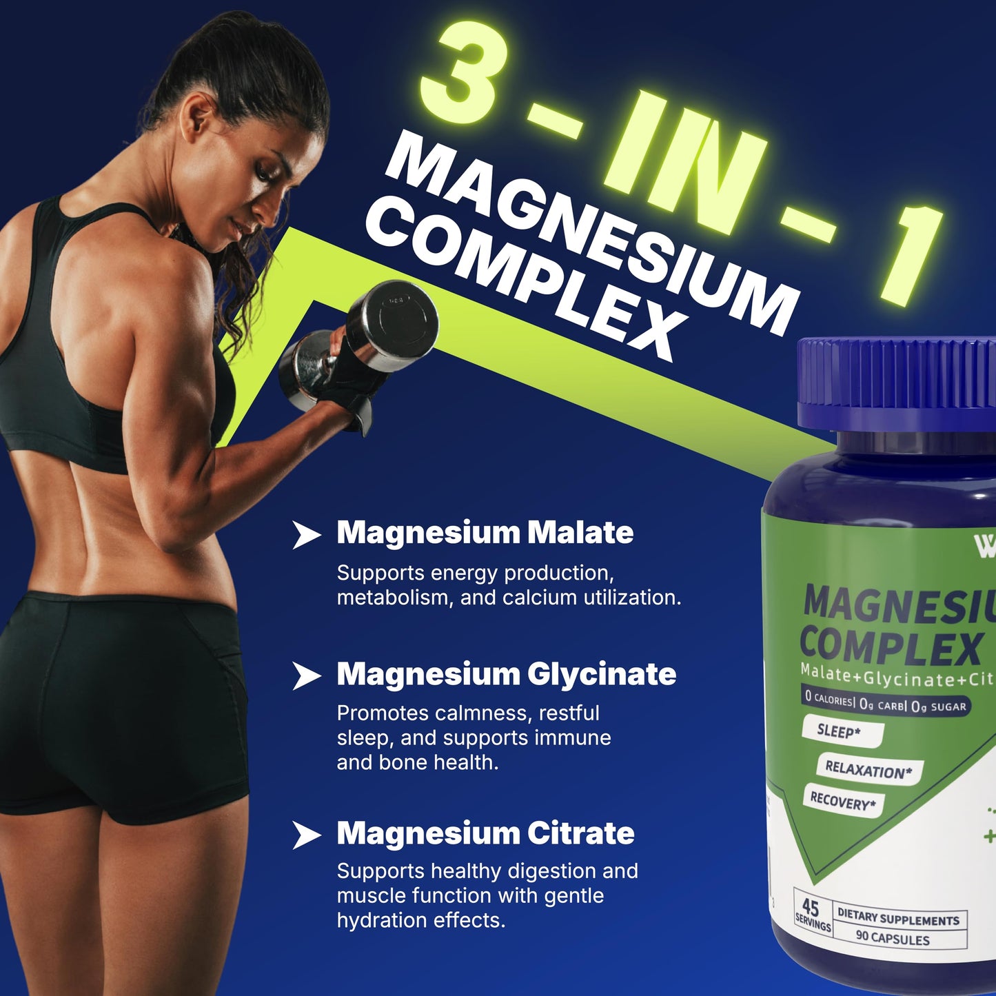 Vicwell Triple Magnesium Complex – 300mg Mg (Malate, Glycinate, Citrate) – 90 Capsules | Stress Relief & Sleep
