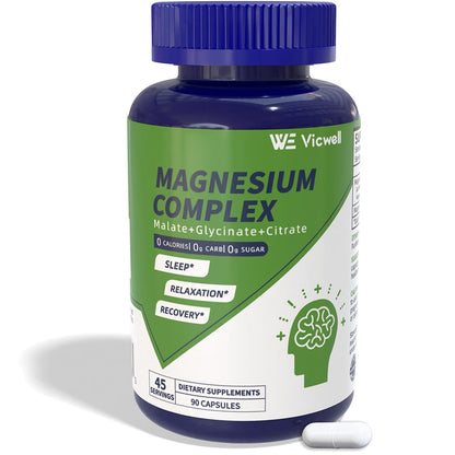 Vicwell Triple Magnesium Complex – 300mg Mg (Malate, Glycinate, Citrate) – 90 Capsules | Stress Relief & Sleep