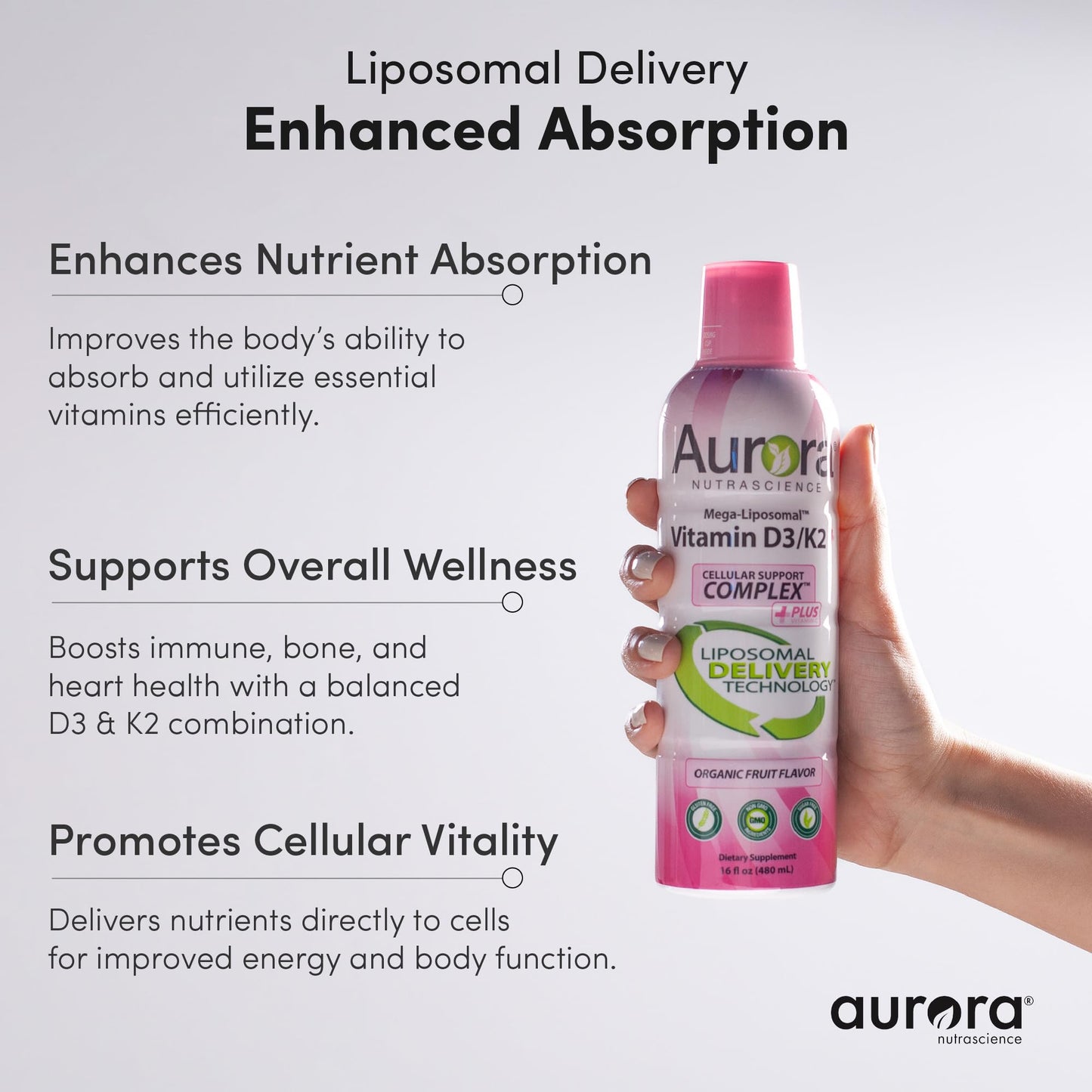 Vida Lifescience Aurora Mega-Liposomal D3/K2+ with Vitamin C – Organic, Strawberry Flavor