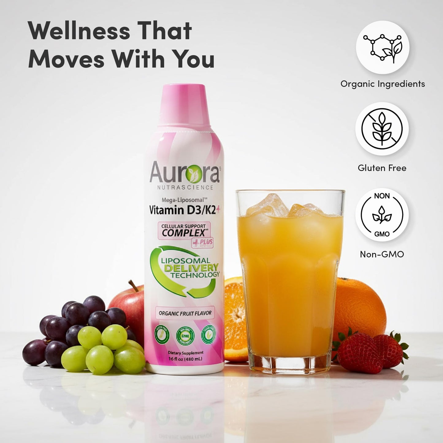 Vida Lifescience Aurora Mega-Liposomal D3/K2+ with Vitamin C – Organic, Strawberry Flavor