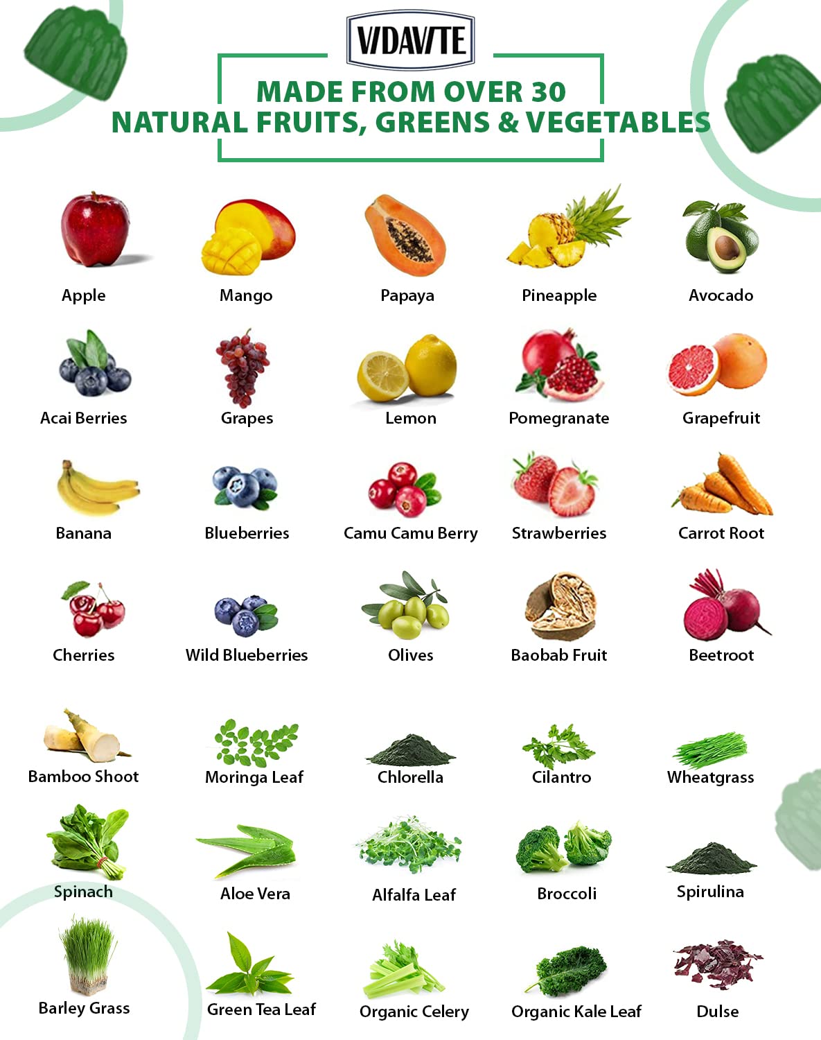 VIDAVITE Sugar-free Super Greens Gummies – US-Made Immunity, Skin & Gut Health (30-Day Supply)
