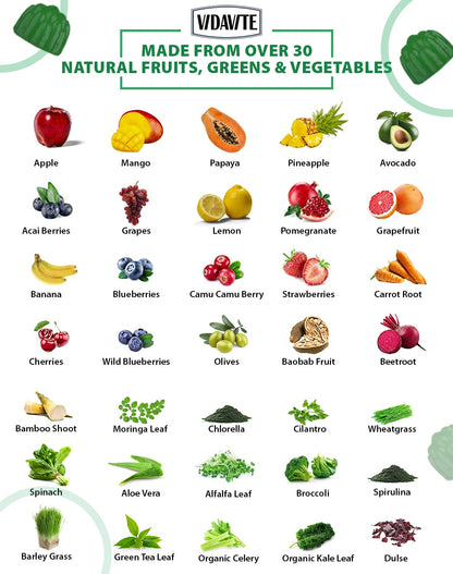 VIDAVITE Sugar-free Super Greens Gummies – US-Made Immunity, Skin & Gut Health (30-Day Supply)