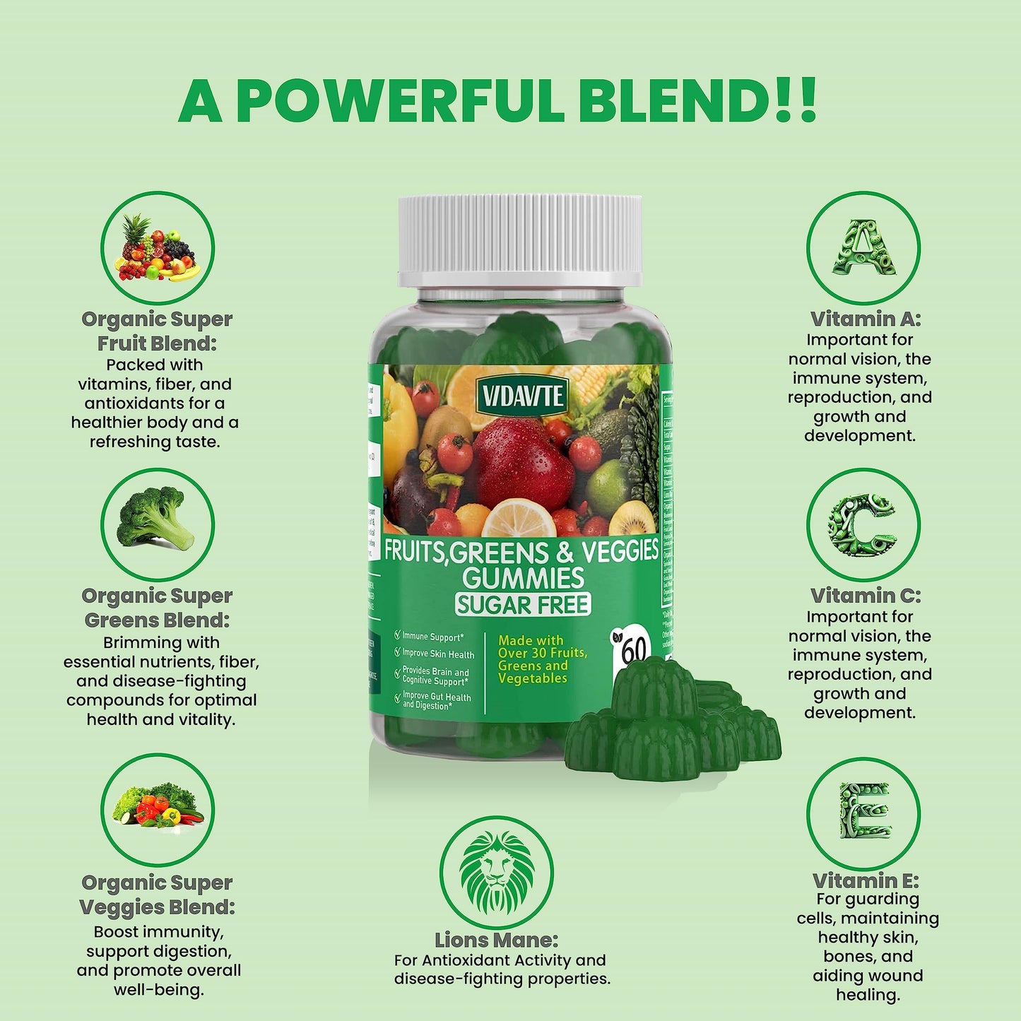VIDAVITE Sugar-free Super Greens Gummies – US-Made Immunity, Skin & Gut Health (30-Day Supply)