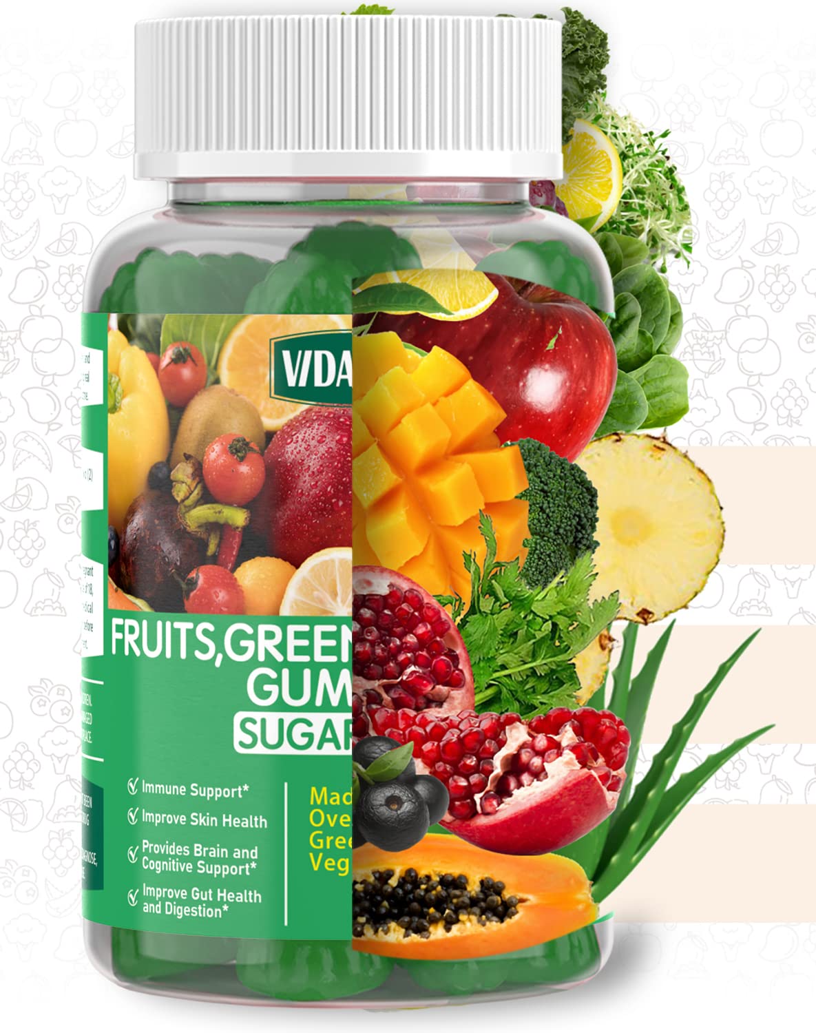 VIDAVITE Sugar-free Super Greens Gummies – US-Made Immunity, Skin & Gut Health (30-Day Supply)