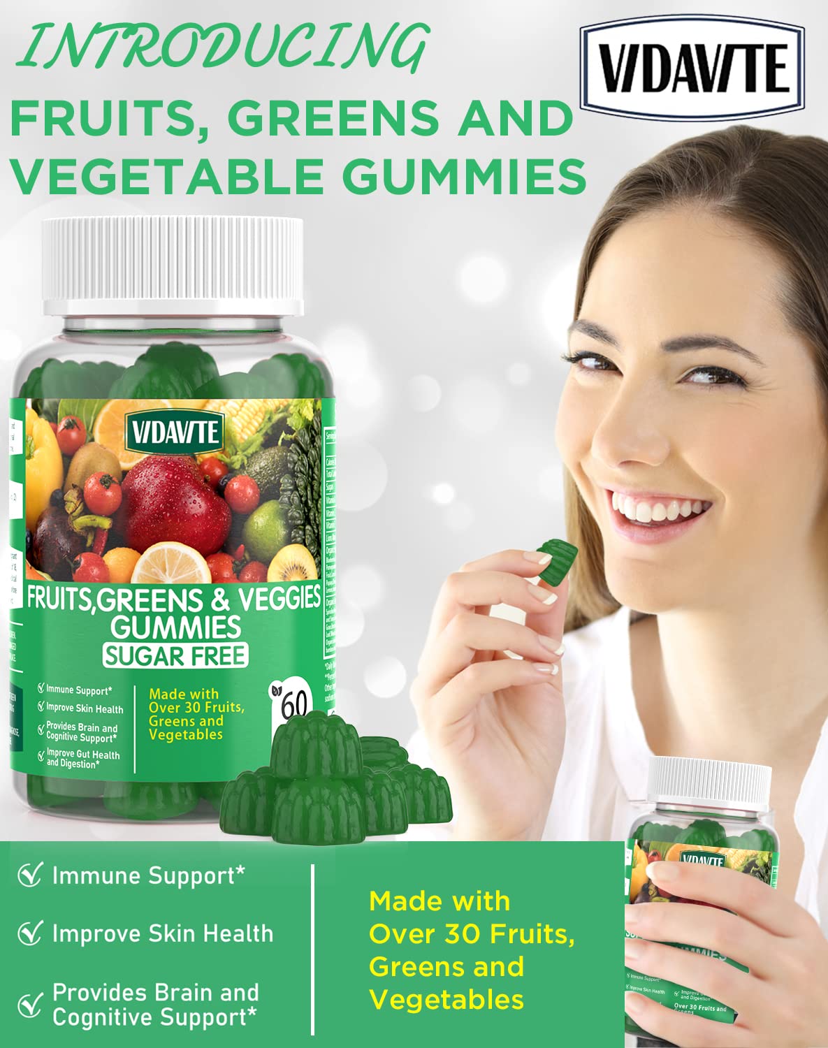 VIDAVITE Sugar-free Super Greens Gummies – US-Made Immunity, Skin & Gut Health (30-Day Supply)