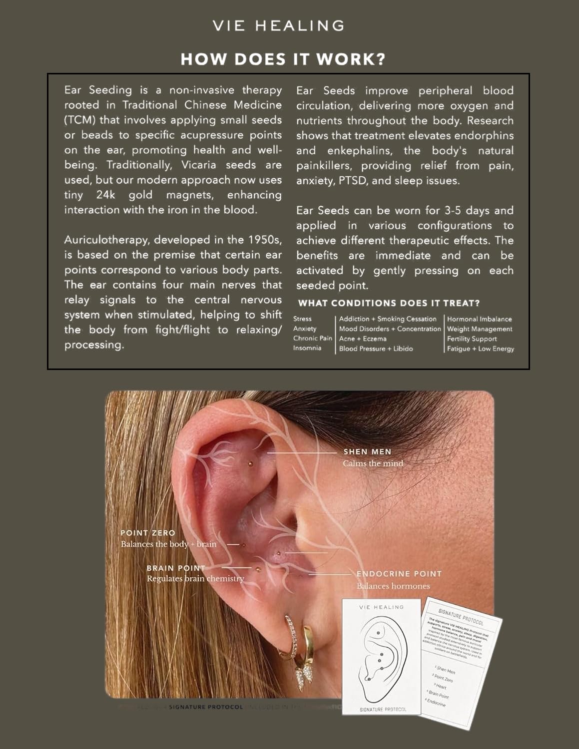 Vie Healing 24k Gold Ear Seeds – Acupressure Ear Seed Chart Kit (20 Pcs)
