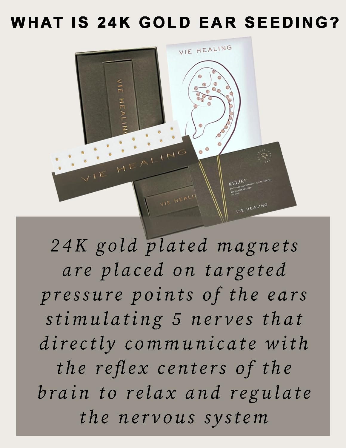 Vie Healing 24k Gold Ear Seeds – Acupressure Ear Seed Chart Kit (20 Pcs)