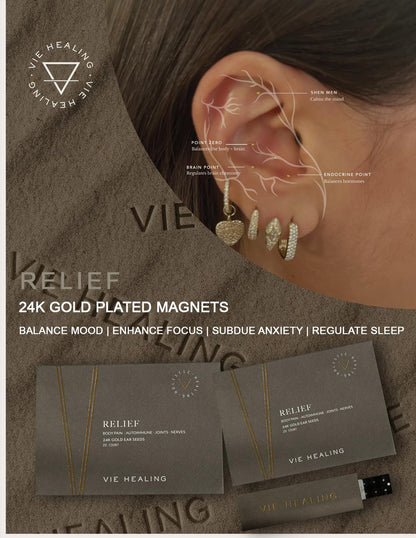 Vie Healing 24k Gold Ear Seeds – Acupressure Ear Seed Chart Kit (20 Pcs)