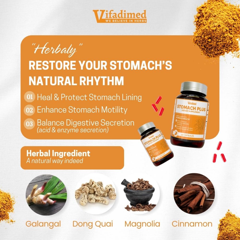 VIFADIMED Stomach Plus – Stomach Lining Support with Galangal, Dong Quai, Cinnamon & Magnolia (45 Capsules)