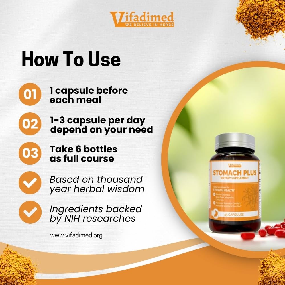 VIFADIMED Stomach Plus – Stomach Lining Support with Galangal, Dong Quai, Cinnamon & Magnolia (45 Capsules)