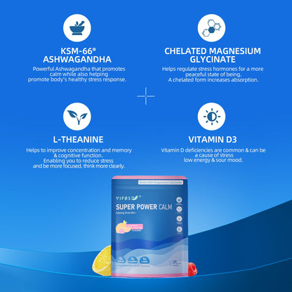 VIFSSG Super Power Calming Powdered Drink Mix – Raspberry Lemonade, 30 Packets | L-Theanine, KSM-66 Ashwagandha, Magnesium Glycinate, Vitamin D3, Sugar-Free, Non-GMO