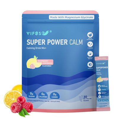 VIFSSG Super Power Calming Powdered Drink Mix – Raspberry Lemonade, 30 Packets | L-Theanine, KSM-66 Ashwagandha, Magnesium Glycinate, Vitamin D3, Sugar-Free, Non-GMO