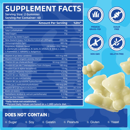 VIFSSG Grass Fed Colostrum Gummies 2000mg | Sugar Free IgG 40% | Immune & Gut Support