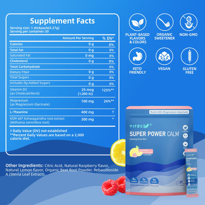 VIFSSG Super Power Calming Powdered Drink Mix – Raspberry Lemonade, 30 Packets | L-Theanine, KSM-66 Ashwagandha, Magnesium Glycinate, Vitamin D3, Sugar-Free, Non-GMO