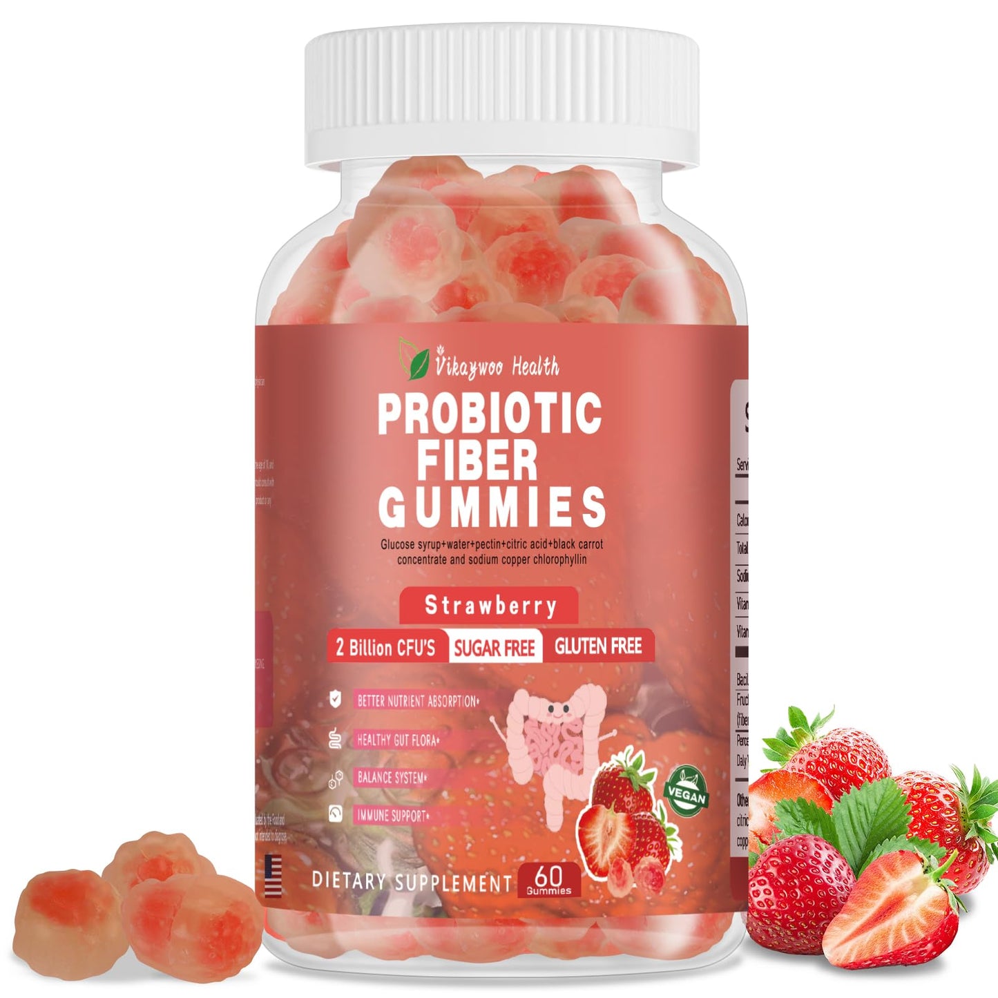 Vikaywoo Probiotic Fiber Gummies for Adults – No Sugar Added, Strawberry, 2 Billion CFUs (60 Count)