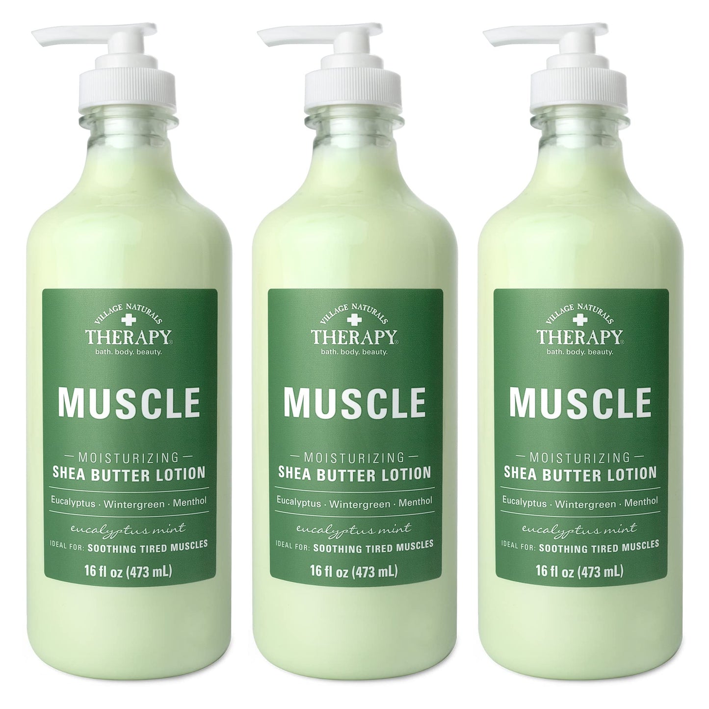 Village Naturals Therapy Muscle Lotion – Shea Butter, Eucalyptus Mint (16 oz, 3-Pack)